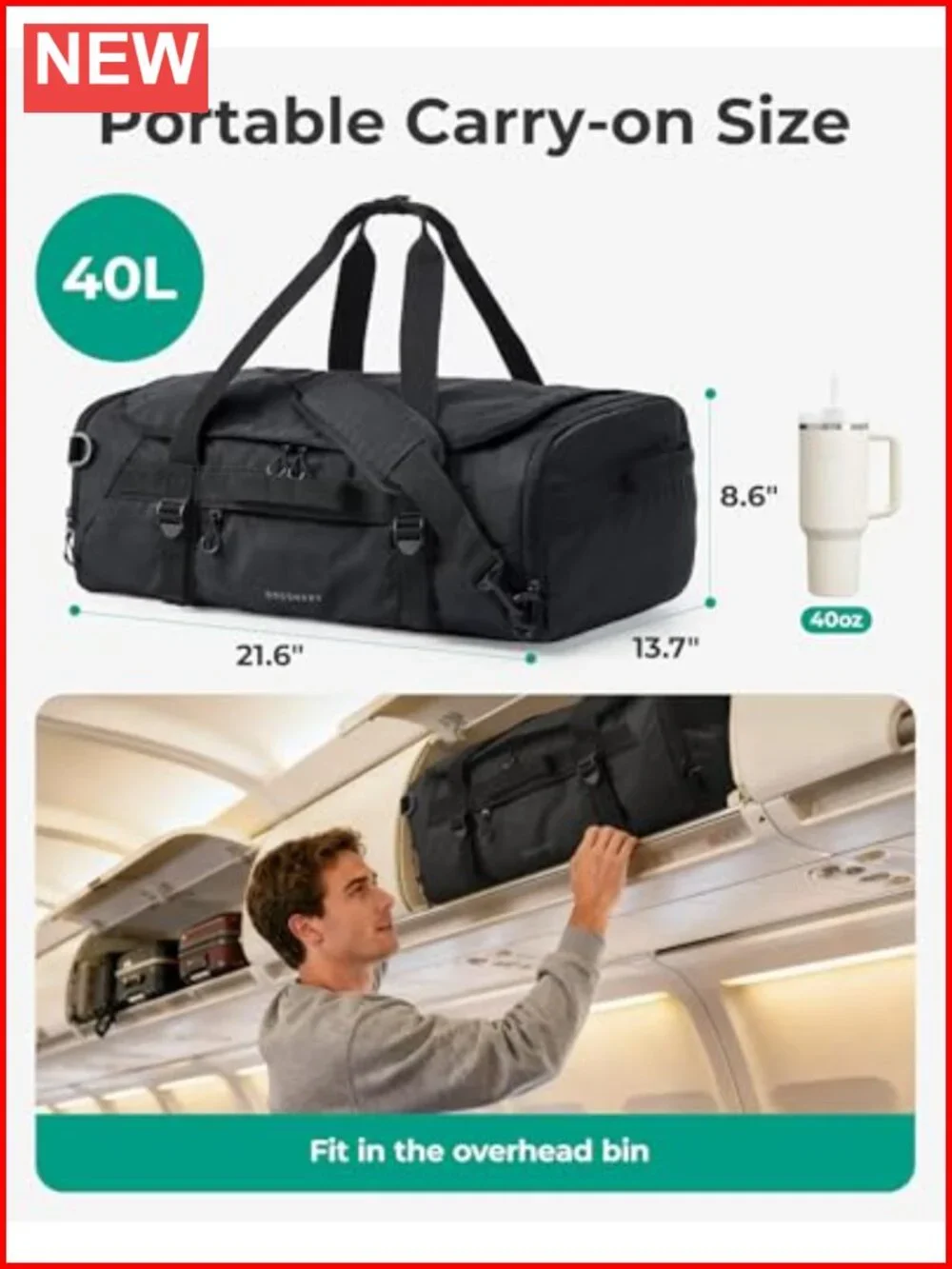 40L Travel Duffle Bag with Shoe Compartment, Wet Pocket, Water-Resistant